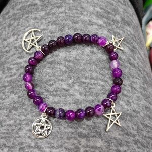 Hand Crafted Purple Agate With Witch Charms Stretched Bracelet